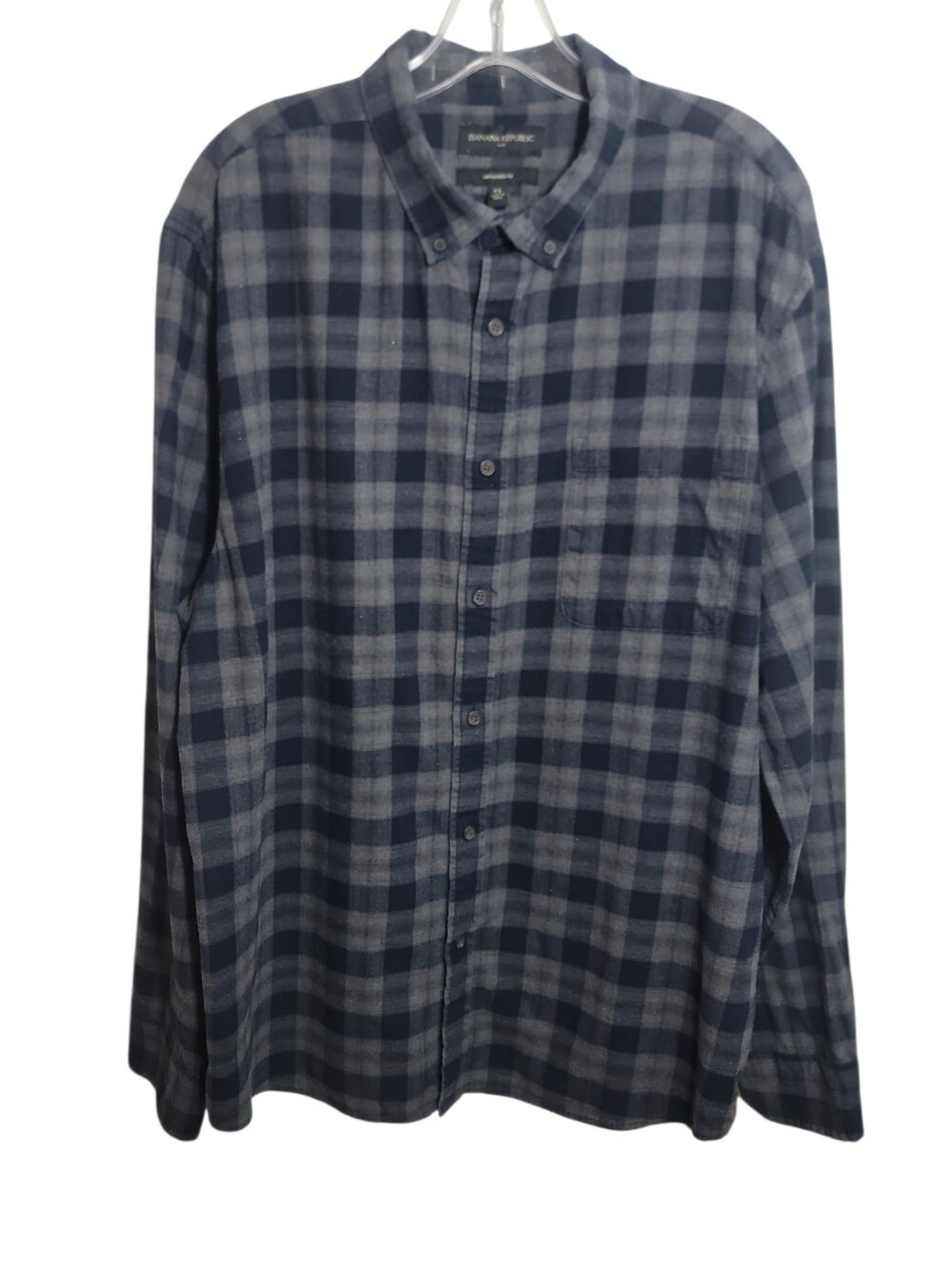 Banana Republic blue gray plaid flannel button down shirt men's size XL untucked
